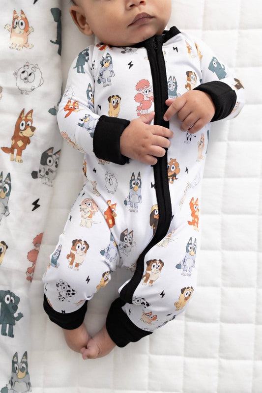 Sweet Ellie Sue - Blue Dog & Friends Zipper Romper