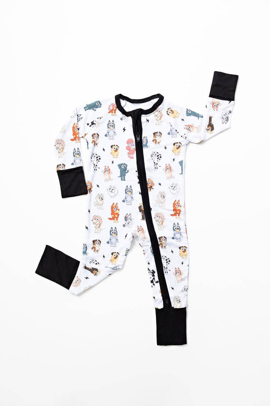 Sweet Ellie Sue - Blue Dog & Friends Zipper Romper